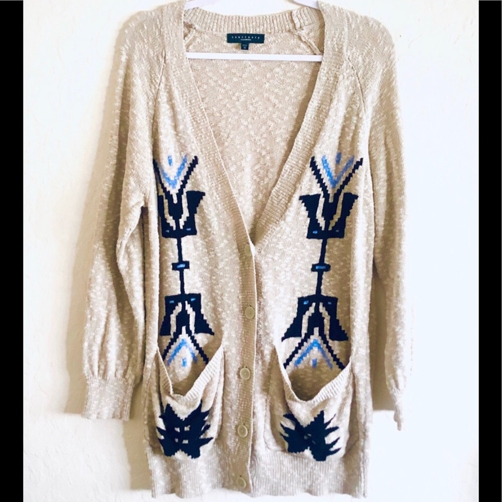 Sanctuary Ranch Aztec Oatmeal woven v-neck button down cardigan M - Picture 5 of 12